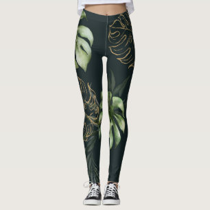 Gold Tropical Leaves: Dark Watercolor Leggings