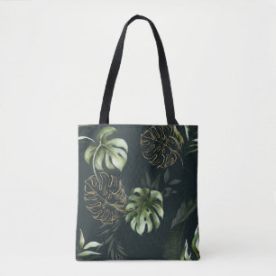 Gold Tropical Leaves: Dark Watercolor Tote Bag
