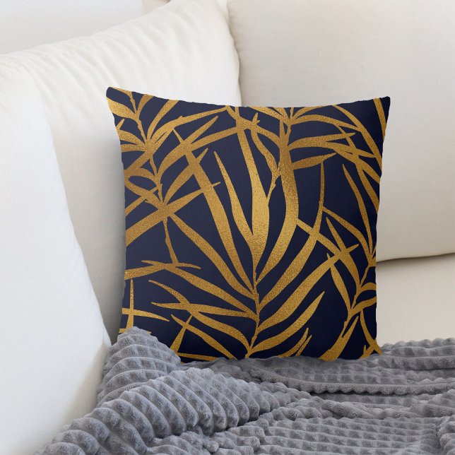 Gold Tropical Leaves on Navy Blue Throw Pillow (Creator Uploaded)