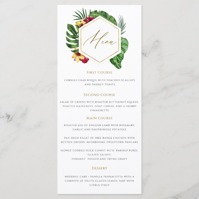 Gold Tropical Leaves Wedding Menu (Front)