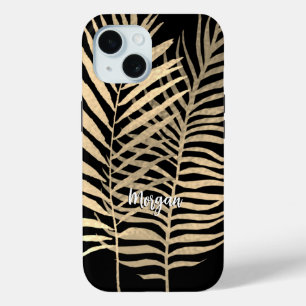 Gold Tropical Leaves, White Script Name on Black iPhone 15 Case