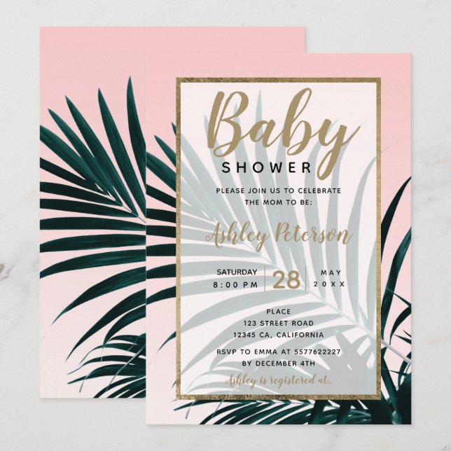 Gold tropical palm tree leaf baby shower invitation (Front/Back)