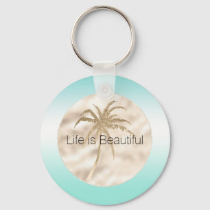 Gold Tropical Palm Tree Mint Aqua Ombre            Keychain