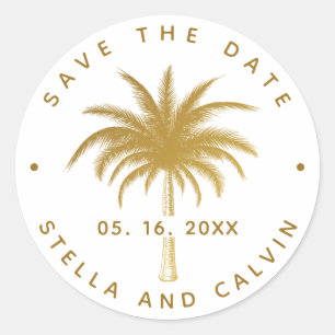 Gold Tropical Palm Tree Save The Date  Classic Round Sticker