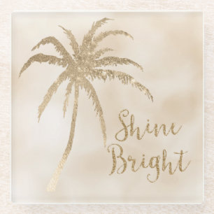 Gold Tropical Palm Tree Shine Bright Glitter Glass Coaster