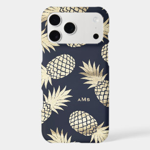Gold Tropical Pineapples Pattern Blue Monogram