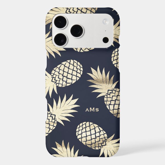 Gold Tropical Pineapples Pattern Blue Monogram (Back)
