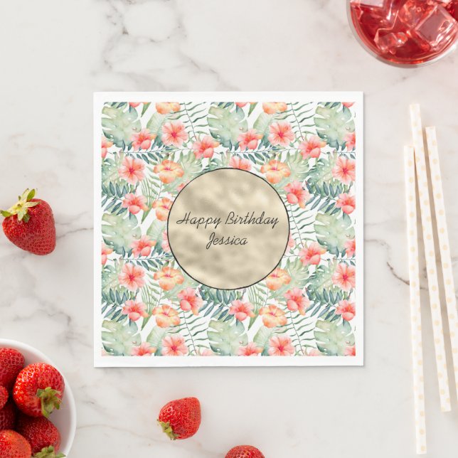 Gold Tropical Pink Peach Hibiscus Floral      Napkin (Insitu)