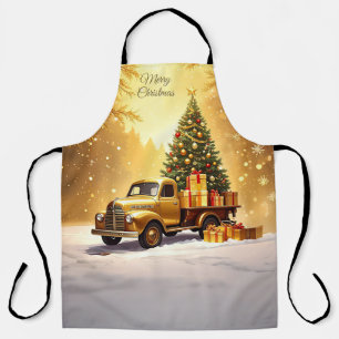 Gold Truck Christmas Tree Holiday Apron