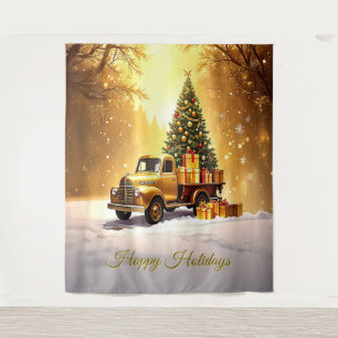 Gold Truck Christmas Tree Holiday Backdrop Tapestry