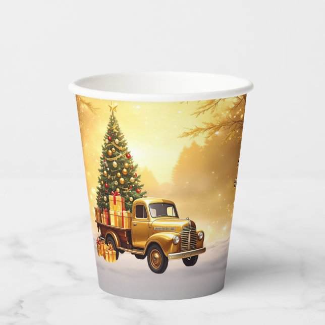 Gold Truck Christmas Tree Holiday Paper Cups (Front)