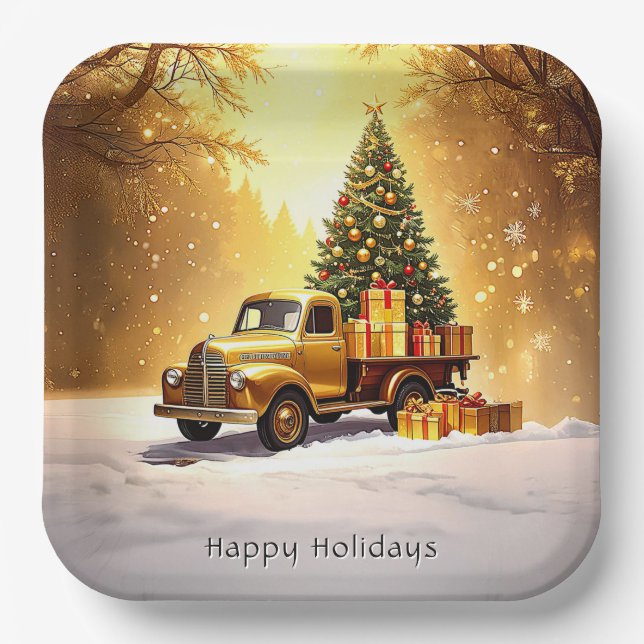 Gold Truck Christmas Tree Holiday Paper Plate (Front)