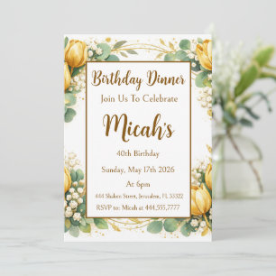 Gold Tulips Eucalyptus Baby's Breath Watercolor Invitation