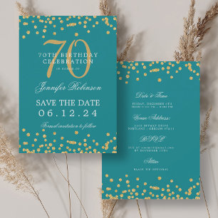Gold Turquoise 70th Birthday Save the Date Details Invitation