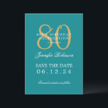 Gold Turquoise 80th Birthday Save the Date Details Invitation<br><div class="desc">Elegant "80th Birthday Party" design with a formal typography script,  custom name and details text. Easy to use and easy to personalize. Order Today!</div>