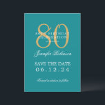 Gold Turquoise 80th Birthday Save the Date Details Invitation<br><div class="desc">Elegant "80th Birthday Party" design with a formal typography script,  custom name and details text. Easy to use and easy to personalize. Order Today!</div>