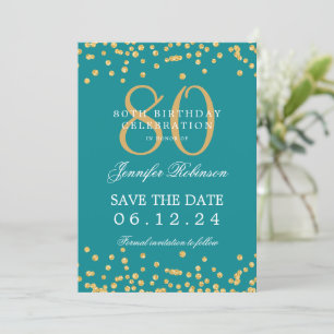 Gold Turquoise 80th Birthday Save the Date Details Invitation