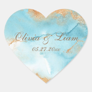 Gold Turquoise Abstract Name Date Elegant Wedding Heart Sticker