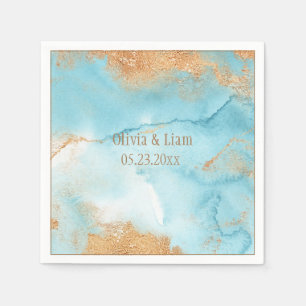 Gold Turquoise Abstract Name Modern Wedding Napkin