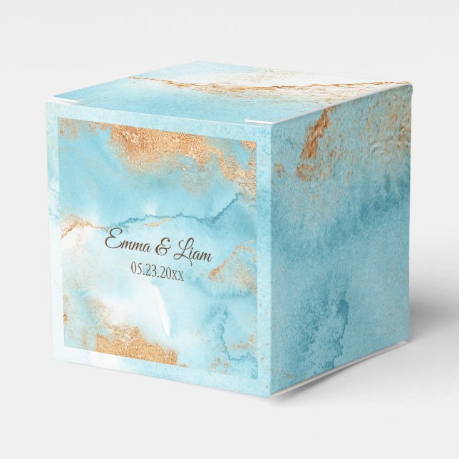 Gold Turquoise Abstract Name Script Modern Wedding Favor Box (Front Side)