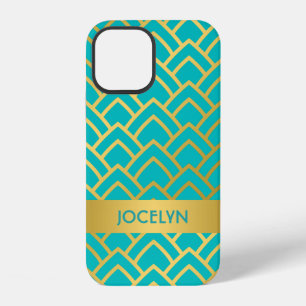 Gold Turquoise Art Deco Geometric Personalized iPhone 12 Case