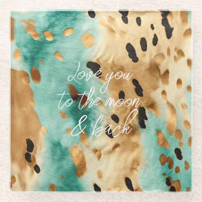 Gold Turquoise Black Animal Print Glass Coaster (Front)