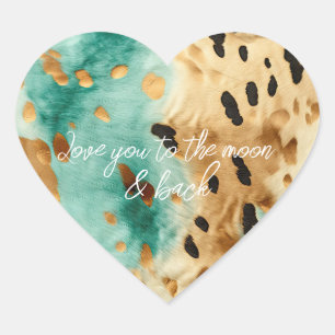 Gold Turquoise Black Animal Print Heart Sticker