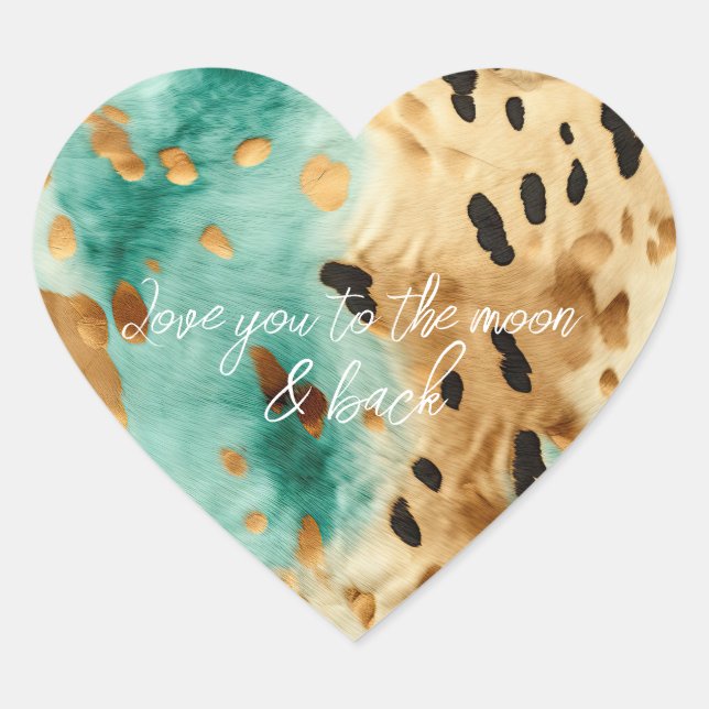 Gold Turquoise Black Animal Print Heart Sticker (Front)
