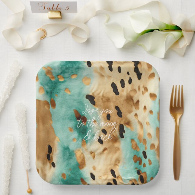Gold Turquoise Black Animal Print Paper Plate (Wedding)