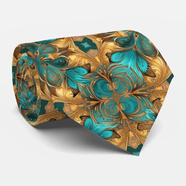 Gold Turquoise Blue Fractal mandelbrot Tie (Rolled)