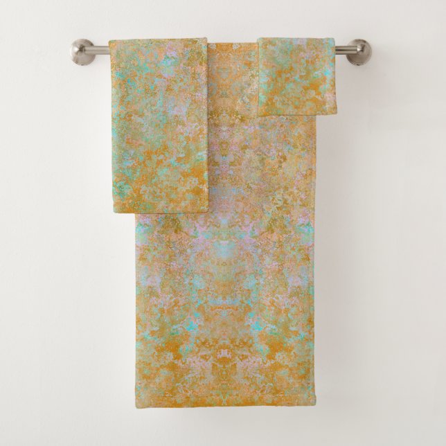 Gold & Turquoise Blue Patina Alcohol Ink Abstract Bath Towel Set (Insitu)