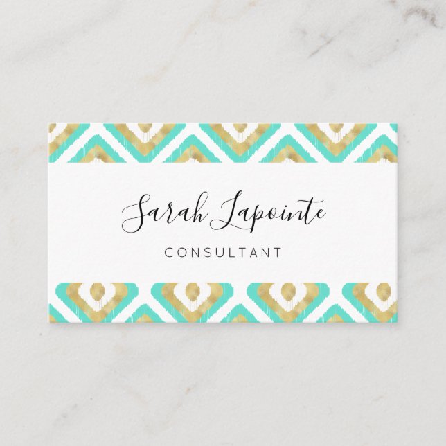 Gold & Turquoise Chic & Elegant Ikat Pattern Business Card (Front)