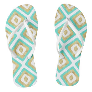 Gold & Turquoise Chic Ikat Pattern Flip Flops