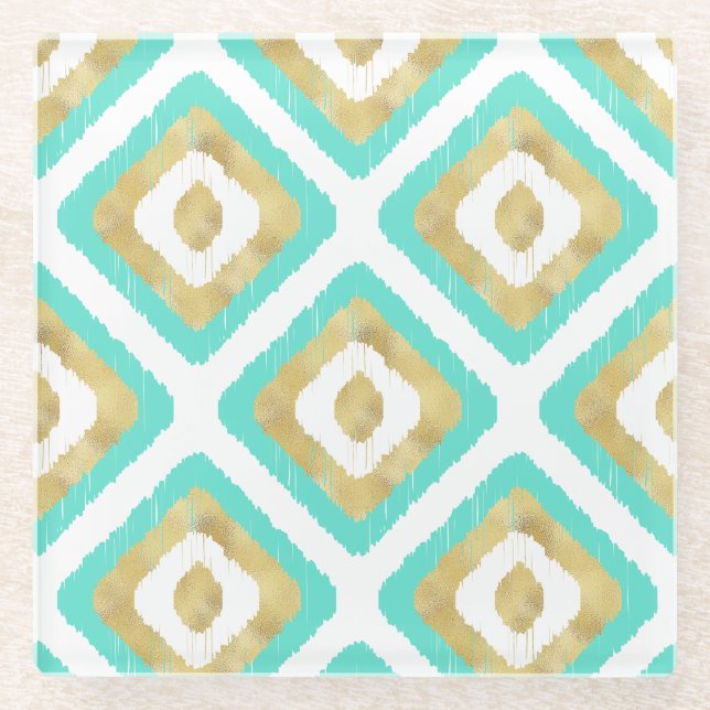 Gold & Turquoise Chic Ikat Pattern Glass Coaster (Front)