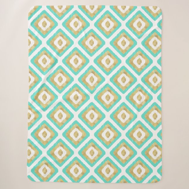 Gold & Turquoise Chic Ikat Pattern Sherpa Blanket (Front)