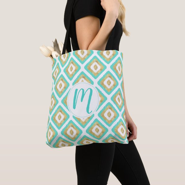 Gold & Turquoise Chic Ikat Pattern Tote Bag (Close Up)