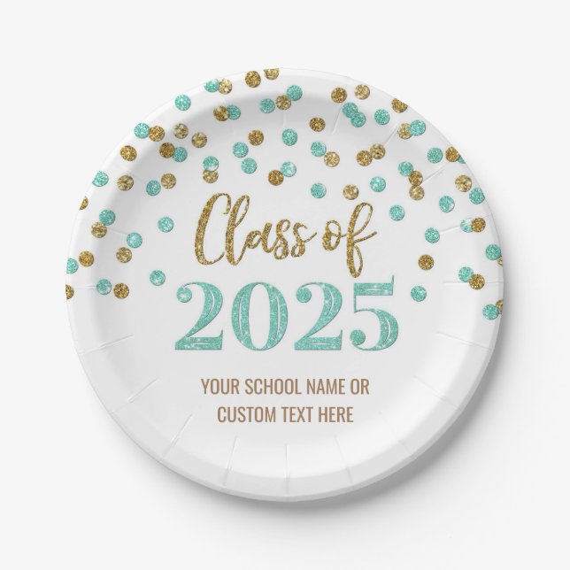 Gold Turquoise Confetti Graduation 2025 Paper Plate (Front)
