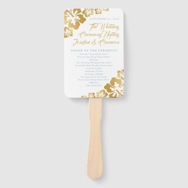 Gold Turquoise Hibiscus Tropical Wedding Program Hand Fan (Front)
