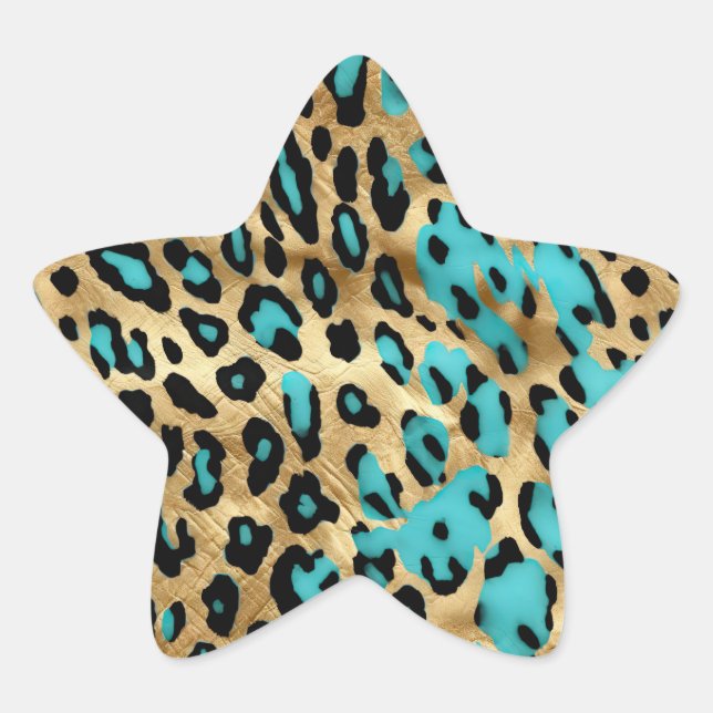 Gold Turquoise Leopard Print Star Sticker (Front)