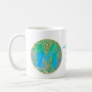 Gold, Turquoise letter M and Colourful Flowers Coffee Mug