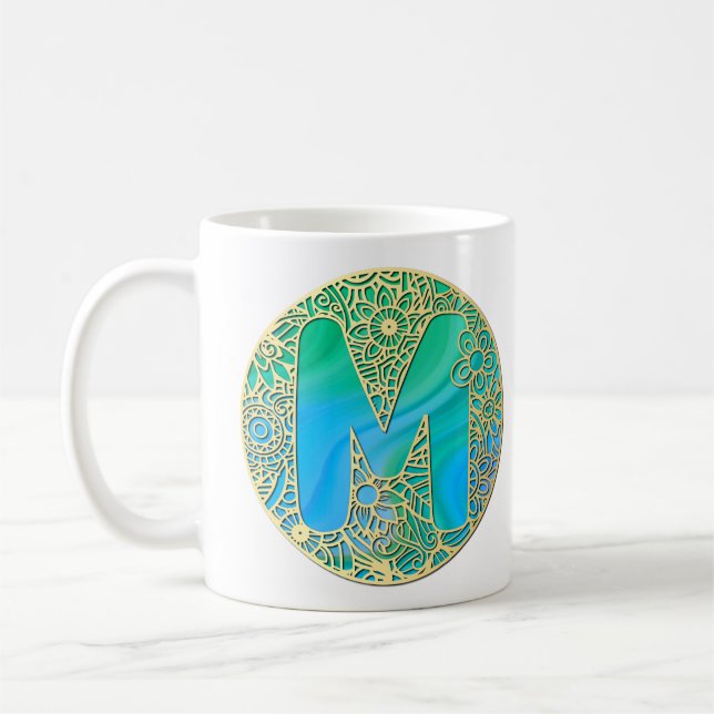 Gold, Turquoise letter M and Colourful Flowers Coffee Mug (Left)
