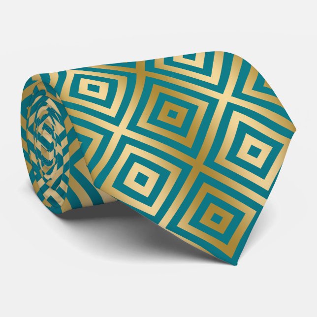 Gold & Turquoise Modern Geometric Pattern Tie (Rolled)