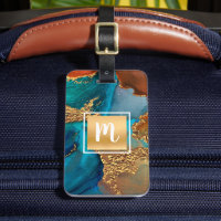 Gold turquoise orange marble watercolor monogram