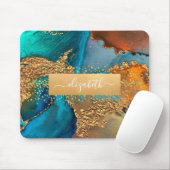 Gold turquoise orange marble watercolor monogram mouse pad (With Mouse)