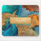 Gold turquoise orange marble watercolor monogram mouse pad (Front)