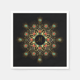 Gold Turquoise Red Mandala Monogram Napkins