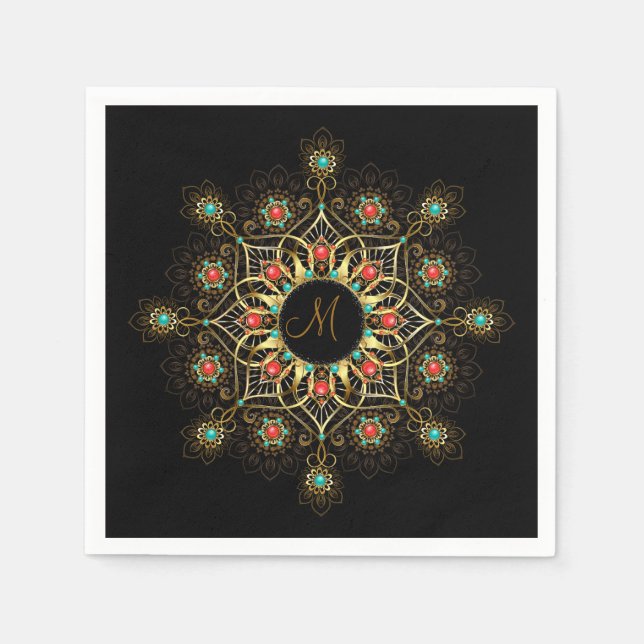 Gold Turquoise Red Mandala Monogram Napkins (Front)