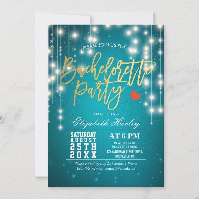 Gold Turquoise String Lights Bachelorette Party Invitation (Front)