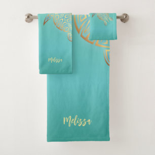 Gold Turquoise Turtles Bath Towel Set