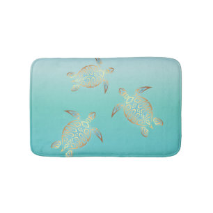 Gold Turquoise Turtles Coastal Maritime Bath Mat